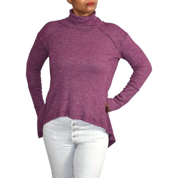Free People Tara Top Purple Turtleneck Split Open Back Long Sleeve Jersey Small - Picture 1 of 15